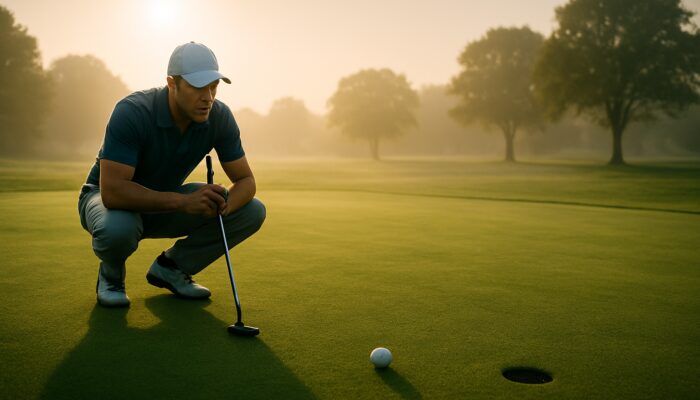 Focused golfer in polo shirt preparing to putt on a misty sunlit golf green