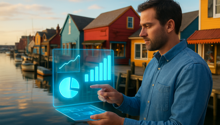 Business owner in Gloucester harbour reviewing holographic charts of page views, bounce rates, and shares