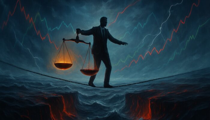 Surreal trader balancing glowing profit scales against crimson drawdown chasms on a stormy market sea with swirling charts