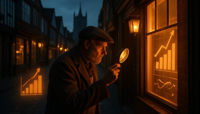 Shopkeeper analyses competitors with a magnifying glass on historic Wimborne Minster street at dusk