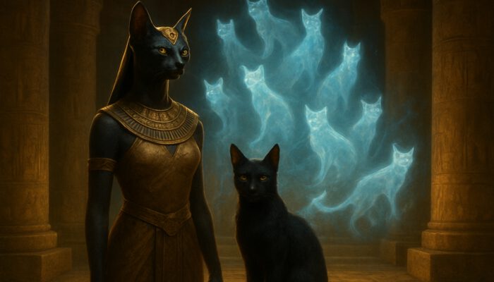 Bastet alongside a sleek cat with nine glowing spirit forms in an ancient golden temple