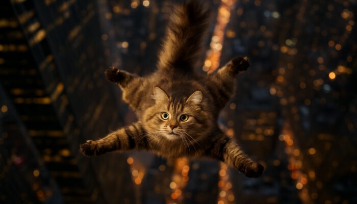 A fluffy tabby cat spreads its body like a parachute while falling from a New York skyscraper at night