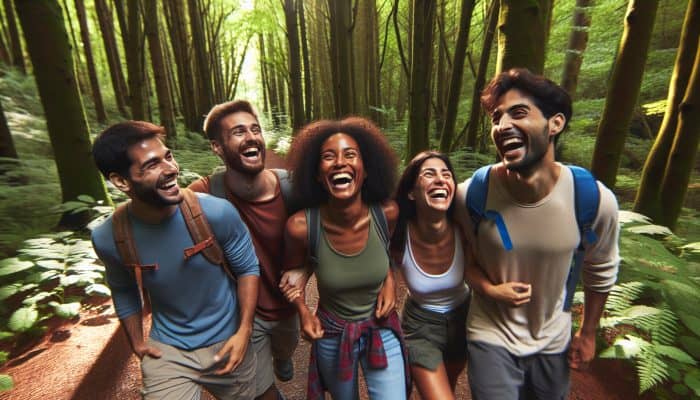 A diverse group enjoying a hike and laughing in a lush forest, highlighting the mental health benefits of social connections.