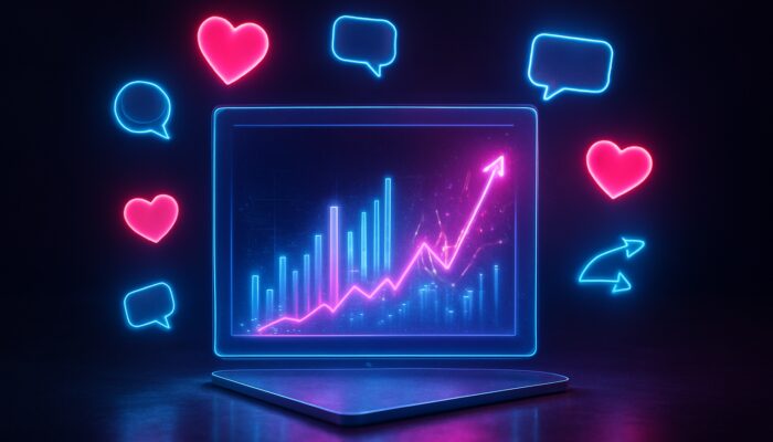 Futuristic holographic dashboard featuring orbiting hearts, speech bubbles, and vibrant engagement charts for marketers.