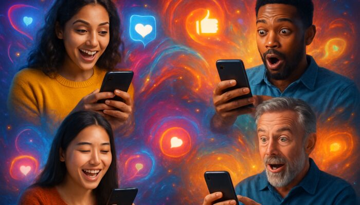 Vivid collage of diverse individuals sharing captioned short videos on smartphones with social media icons.