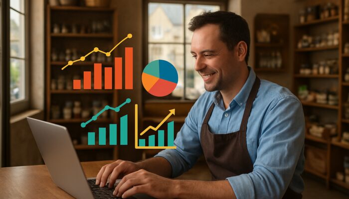 Small business owner in Tidworth analysing analytics dashboard with engagement graphs in their shop