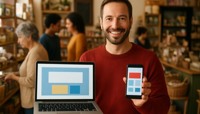 Shop owner in Tidworth showcases a mobile-optimized website on a laptop while communicating with customers on a smartphone.