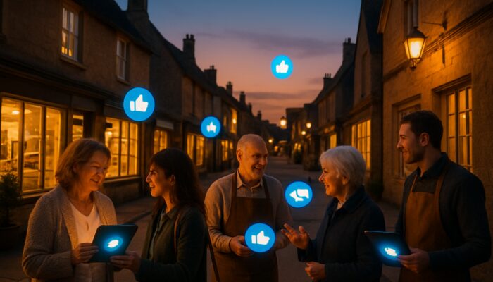 Shop owners in Moreton-in-Marsh promoting local offers through vibrant Facebook ads on tablets during twilight