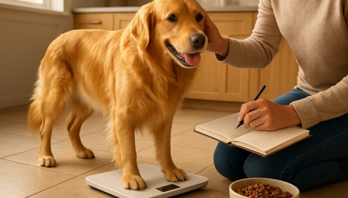 Owner weighs lively golden retriever on scale while assessing coat condition in sunlit kitchen