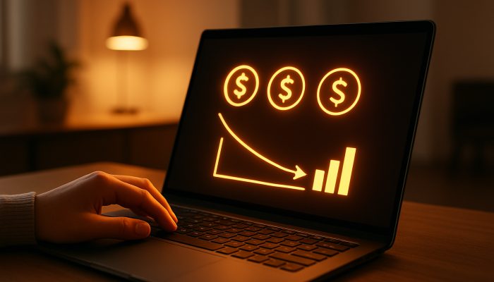 Hands configuring automatic extra payments on a laptop, with a shrinking debt graph in a modern office setting