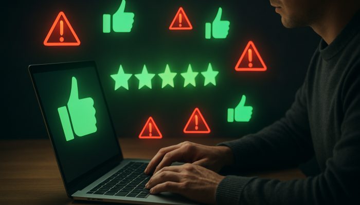 Person at a laptop reviewing positive Trustpilot feedback with green thumbs-ups and red warning icons regarding banking reliability.