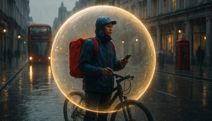 Gig worker sheltered in glowing bubble on rainy London street, symbolising Breathing Space debt relief