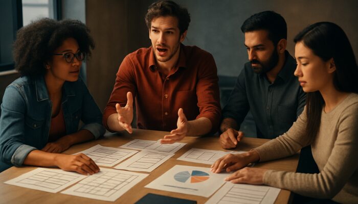 Creative team from diverse backgrounds planning brand video with storyboards and budget charts in a cinematic environment