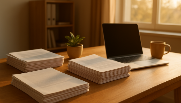 Organised workspace in Beaufort West office featuring stacked loan documents under gentle sunlight.