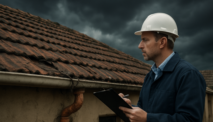 Professional inspector assessing roof damage and exposed wiring on an aged South African home in Springs under a stormy sky.