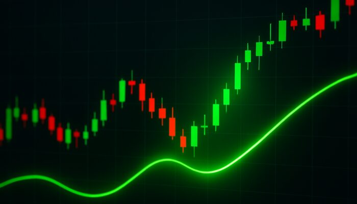 Trading graph illustrating green Trix line crossing above zero amid candlestick patterns for a bullish buy signal
