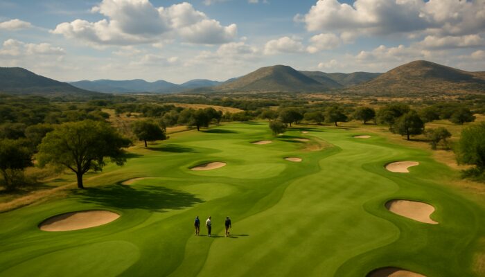 Aerial view of Euphoria Golf Course's lush fairways near Pretoria with golfers on rolling hills.