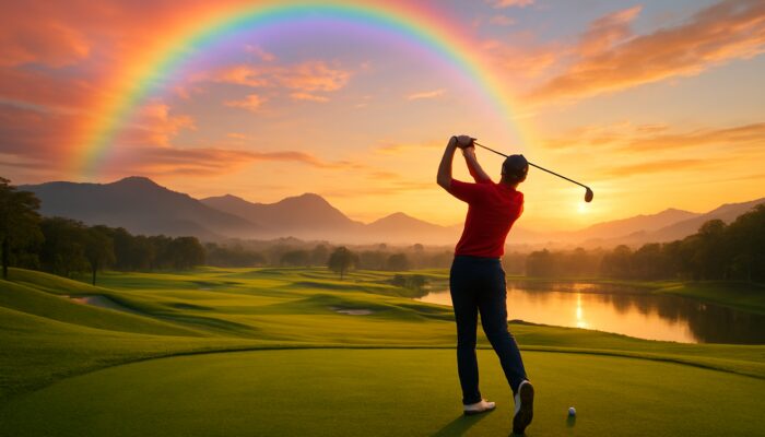 Vibrant golfer swings on lush fairways at Euphoria Golf Course under a rainbow sky