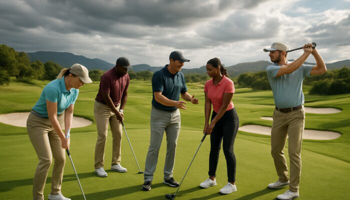 Diverse golfers practising putting, chipping, and driving on a picturesque South African golf course