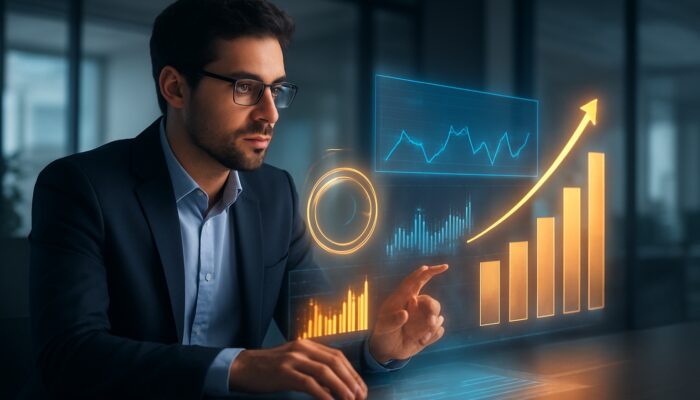 Digital marketer analysing Amazon video ad performance on a holographic dashboard with vibrant ROI charts in a modern office.