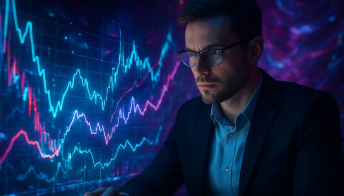 Trader analysing luminous holographic NVI and RSI charts amidst vibrant market volatility.