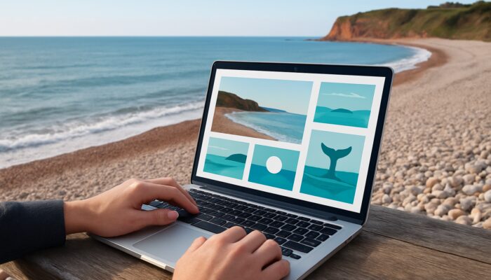 Designer reviewing a WordPress portfolio on a laptop with a view of Budleigh Salterton pebble beach.