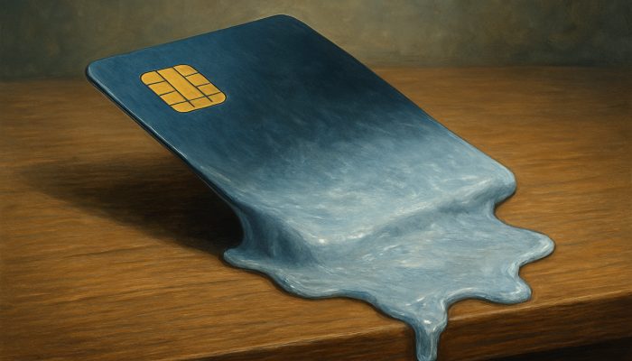Surreal melting credit card shrinking on desk, fading limit evoking reduced credit score risks.