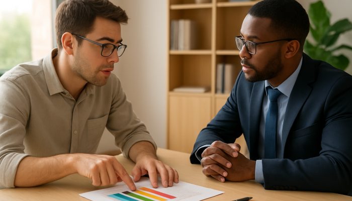 Borrower indicating a colourful debt interest rate chart while negotiating repayment with an advisor in a sunlit office.