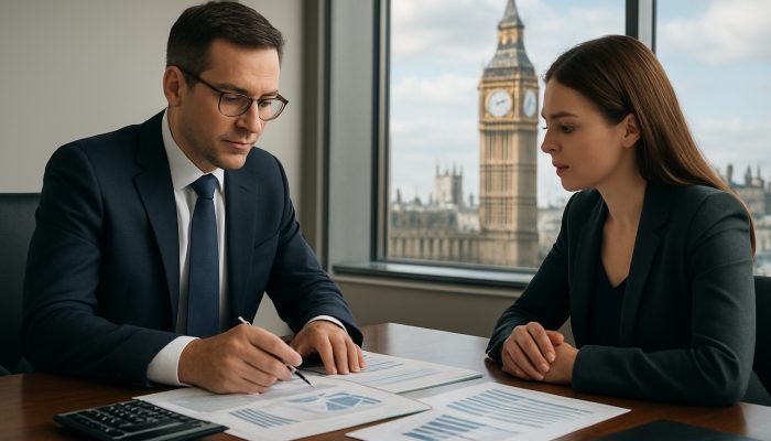 UK accountant guiding client on tax documents in modern London office with Big Ben view