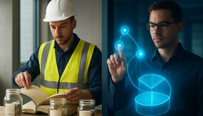 Split-screen office: construction manager organising tax ledgers next to tech founder automating holographic fund separation for UK compliance.
