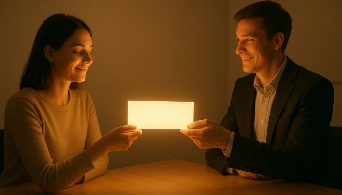 When a Single Repayment Loan Makes Sense: Benefits Explained | DCL Borrower handing glowing cheque to smiling lender in modern office for single repayment loan