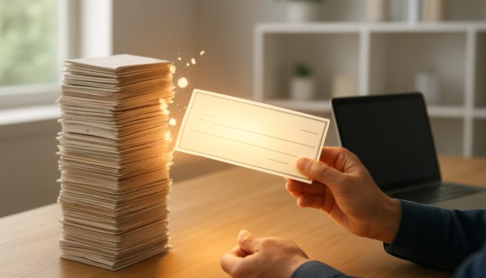 Individual receiving a generous refund cheque reducing debt stack in a modern home office with laptop plan