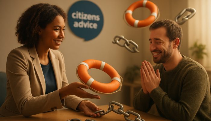 Citizens Advice advisor providing debt relief lifeline with symbolic lifebuoy in warm office setting