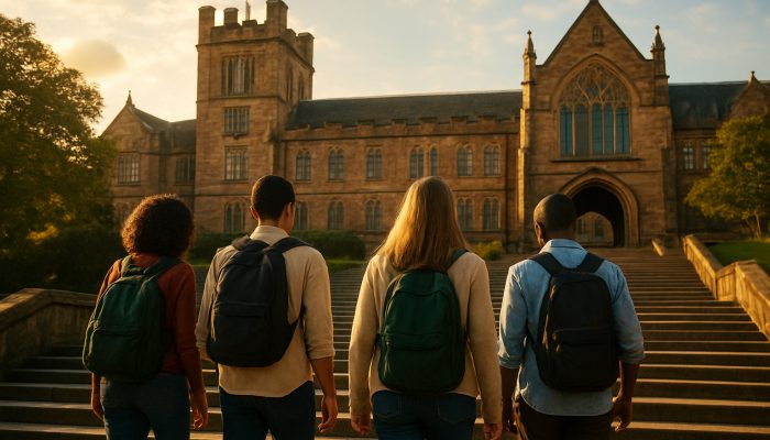 Knowing When Enough Change Is Already Made: Key Indicators | DCL Diverse students ascending steps to historic Welsh university bathed in golden sunlight, symbolising equitable education access.