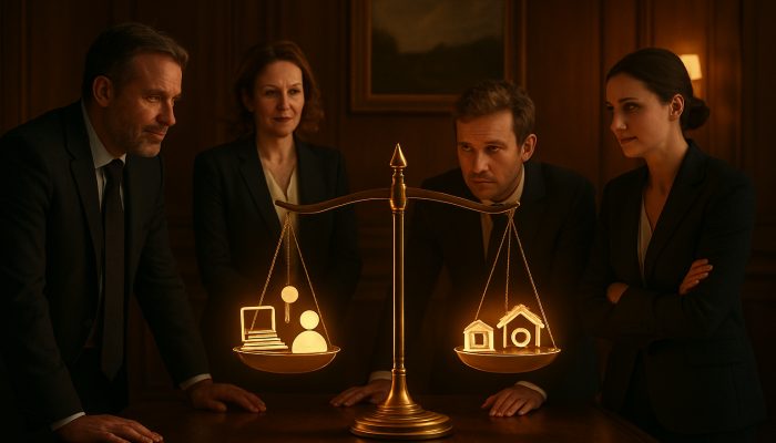 Knowing When Enough Change Is Already Made: Key Indicators | DCL British executives balance flexible work icons against traditional values on glowing scale in oak office