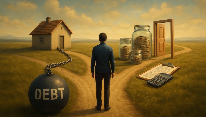 Alternatives to Adding Unsecured Debt to Mortgage | DCL Person at financial crossroads choosing between unsecured debt chaining house and paths to savings, loans, and budgeting tools