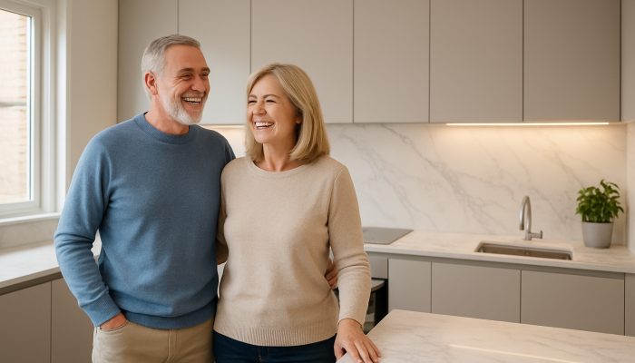 Alternatives to Adding Unsecured Debt to Mortgage | DCL Smiling British couple admiring bright modern kitchen with sleek cabinets after equity release renovations